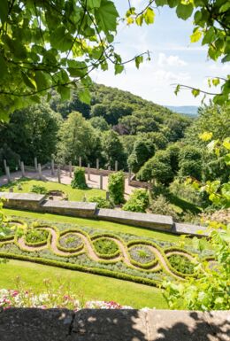 bunt bepflanztes Knotenbeet im Schlosspark Altenstein, umgeben von Natur