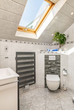 Innenaufnahme Zimmer mit Dusche, Waschbecken und Toilette